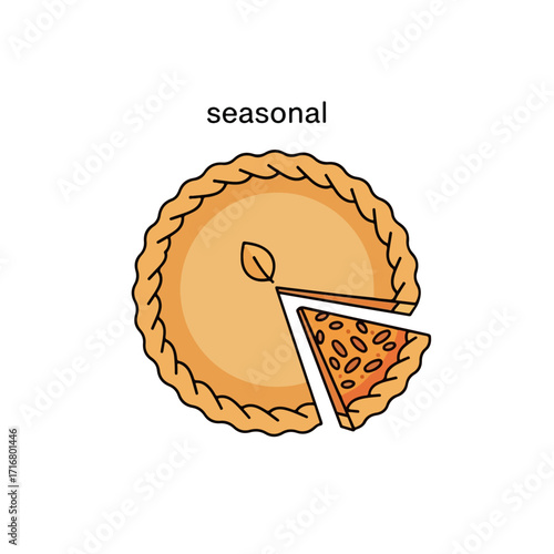 Round seasonal pie with slice cut out, presented on white background. Delectable seasonal pie features golden crust and tempting filling.