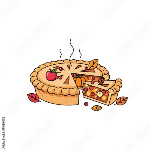 Apple pie with cranberries and pumpkin filling, showing a freshly baked whole pie and a slice. Apple pie with cranberries is served hot. Festive apple pie is a tasty choice for celebrating holidays.