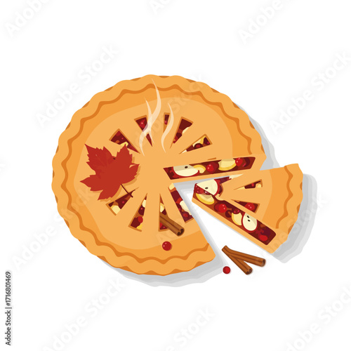Seasonal pie with apple filling and cinnamon sticks. Delicious seasonal pie perfect for Thanksgiving celebration. Warm seasonal pie is ideal for autumn recipes and sweet food photography.