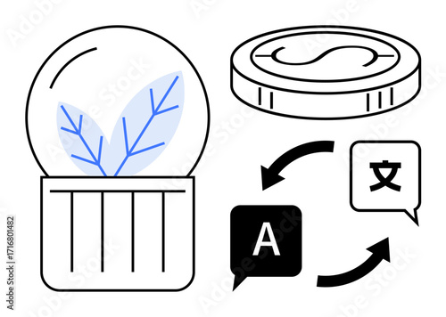 Glass case with plant symbolizing sustainability, coin for economic exchange, and language translation icons with arrows denoting interaction. Ideal for sustainability, economy, language, growth
