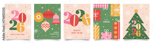 Merry Christmas and Happy New Year posters or greeting cards. Trendy modern backgrounds with Christmas tree, gifts, snowflakes, holiday decor in minimal style. Vector template for banner, print,web.