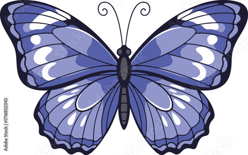 A detailed illustration showcases a majestic purple butterfly, its wings adorned with intricate white markings. 