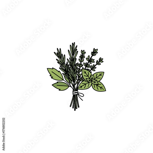 Fresh bunch of herbs, including rosemary, thyme, sage, and mint, isolated on white, fresh bunch of herbs, perfect for culinary use, aroma, or gardening projects.