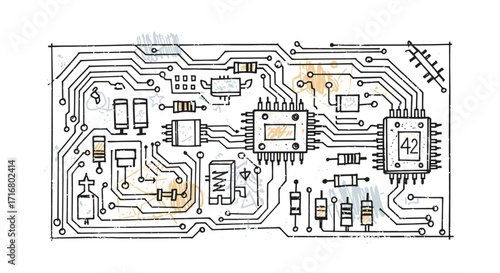 Hand drawn abstract illustration of a complex electronic circuit board with stylized components and connections on a black background