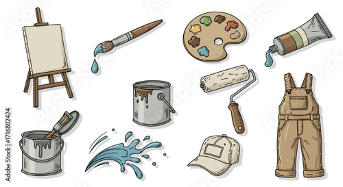 Collection of hand drawn art supplies and painting tools for creative projects and home renovation