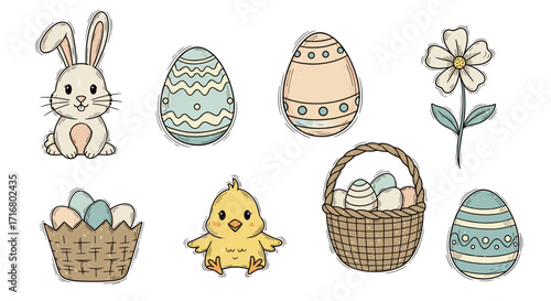 Cute hand drawn easter elements featuring a bunny chick eggs flowers and baskets on a black background