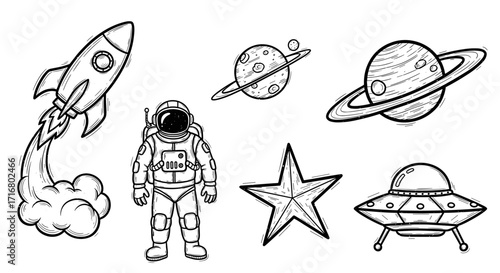 Collection of hand drawn space elements including a rocket ship astronaut planets star and flying saucer