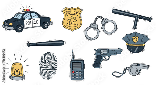 Collection of police equipment and symbols including a car badge handcuffs baton hat gun and siren