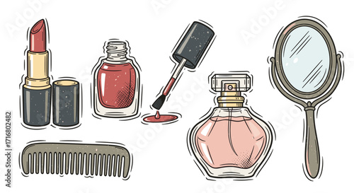 Collection of beauty products including lipstick nail polish perfume bottle comb and hand mirror on black background