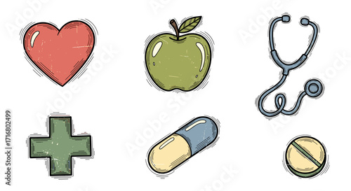 Vintage medical icons featuring heart apple stethoscope cross pill capsule and round tablet on black background