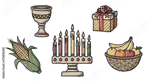 Collection of hanukkah symbols including a menorah gift goblet corn and fruit basket on black background