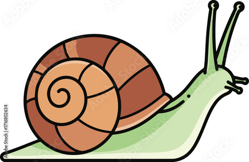 This vibrant illustration showcases a snail rendered in a pixel art style. Its shell is a segmented spiral of brown and tan, and its body is a light green.