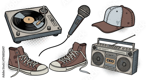 Retro hip hop elements featuring turntable microphone sneakers baseball cap and boombox on black background