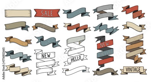 Collection of hand drawn vintage style banners and ribbons with text for sale new and hello