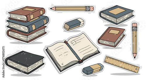 Collection of vintage school supplies including books pencils erasers and a ruler on a black background