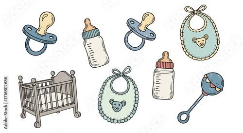 Collection of charming hand drawn baby essentials including a crib pacifiers bottles bibs and a rattle