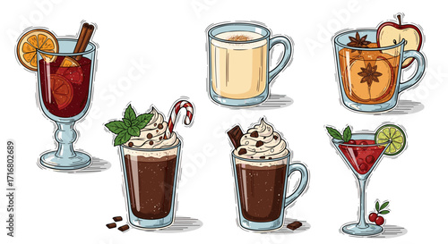 Collection of festive holiday and winter warm drinks and cocktails with garnishes and decorations