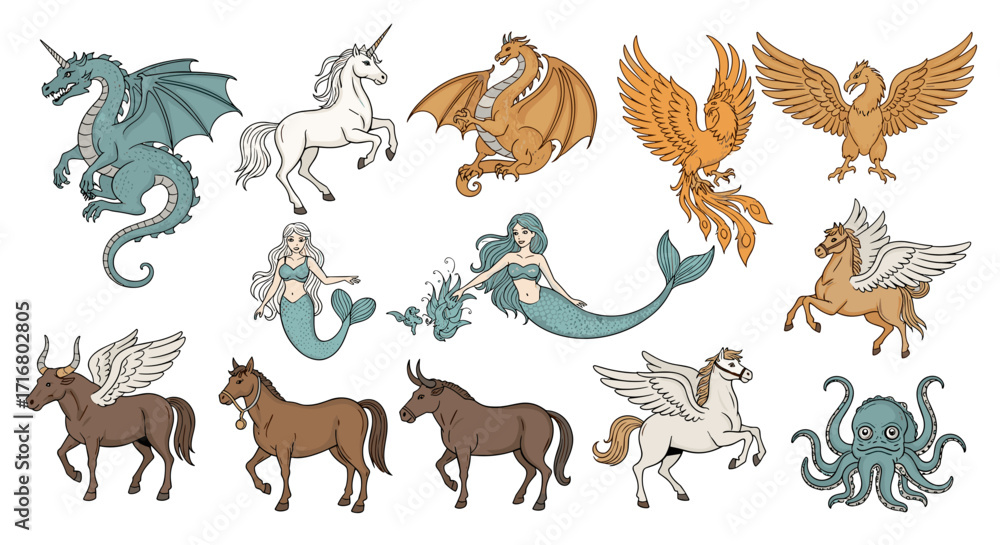 Obraz premium Collection of mythical creatures including dragons unicorns phoenixes mermaids pegasi horses bulls and octopus on black background
