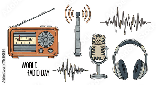 Vintage radio microphone headphones antenna and sound waves celebrating world radio day