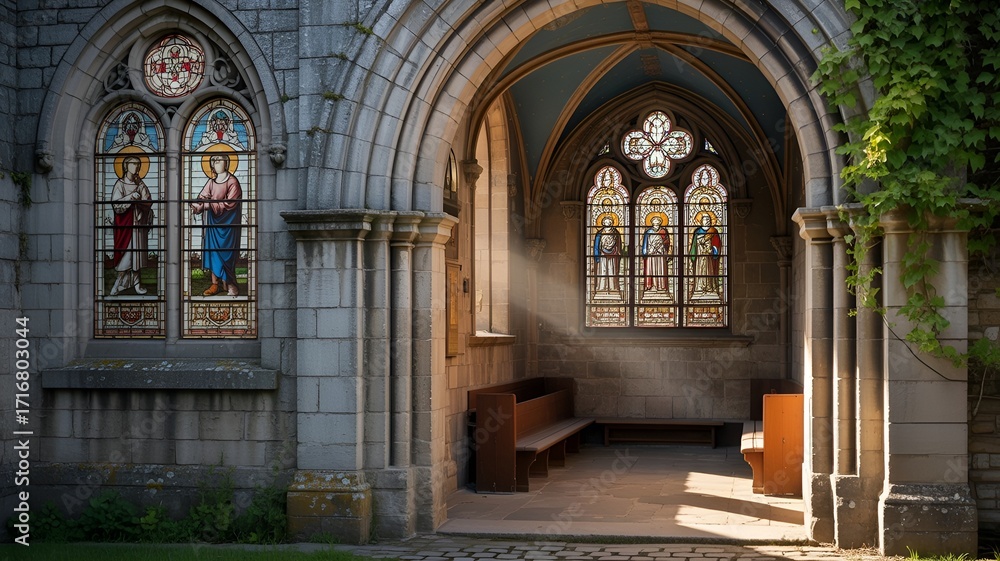 Fototapeta premium An inviting chapel interior with stained glass windows.