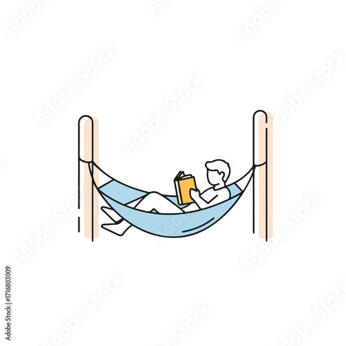 Relaxing hammock reading scene with figure reading book, enjoying free time. Hammock reading setup is simple yet inviting, conveying peace and tranquility.