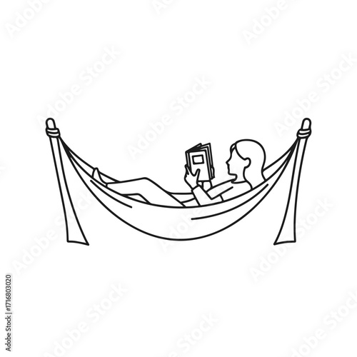 Hammock reading illustration of woman relaxing and enjoying a book. This hammock reading moment captures peaceful leisure time, featuring a woman in comfortable hammock reading.
