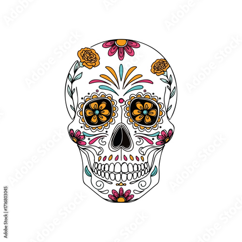 Elaborate day of the dead sugar skull design with floral ornaments and swirls on clean white backdrop. Day of the dead celebration concept with intricate pattern, detailed decorations,