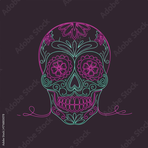 Day of the dead skull design, a symbolic line artwork with floral patterns. Day of the dead icon with vibrant magenta and cyan colors represents celebration.