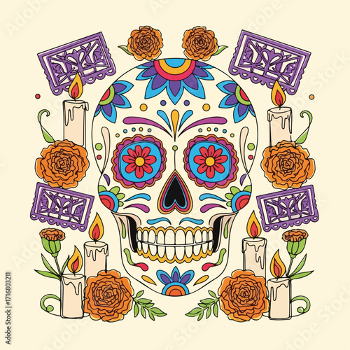 Day of the dead sugar skull surrounded by candles and cempasúchil flowers on a bright backdrop. Day of the dead celebration with colorful artwork representing ancient traditions, beliefs,