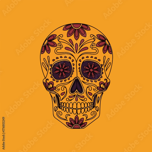 Day of the dead skull with floral ornaments and detailed decorations on vibrant background, day of the dead celebration design. Intricate day of the dead graphic is a symbolic tribute to ancestors,
