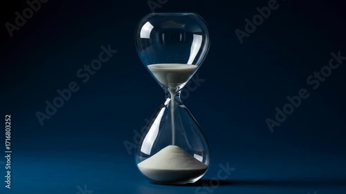 Elegant glass hourglass filled with white sand against a deep blue background, symbolizing time