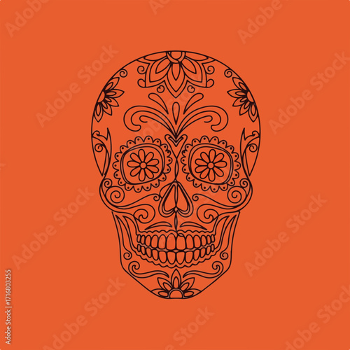 Intricate skull graphic for day of the dead with delicate floral patterns and black outlines. This day of the dead illustration uses elegant floral elements to add a refined touch.
