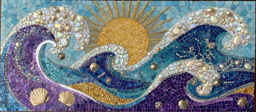 Mosaic artwork depicting ocean waves and sun