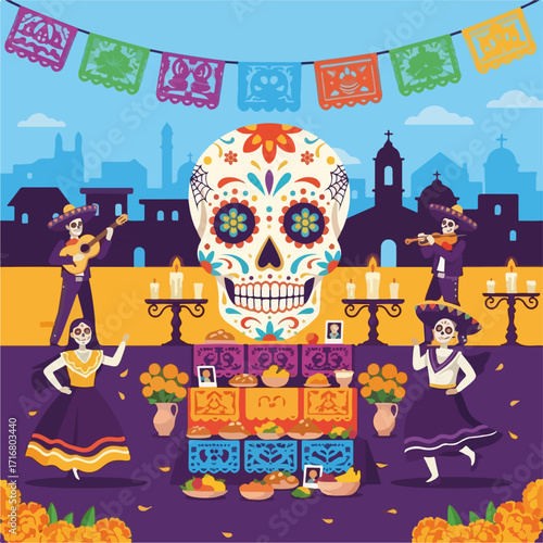 Day of the dead celebration with sugar skull altar, people dancing, and musicians playing guitars. Day of the dead party background features papel picado banners,