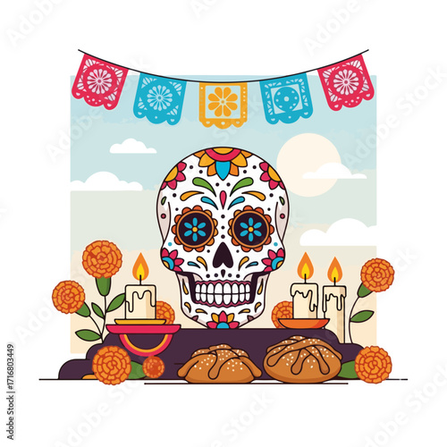 Celebrating day of the dead with an illustration featuring traditional elements. Day of the dead altar adorned with cempasúchil flowers, pan de muerto, candles, and a colorful sugar skull,