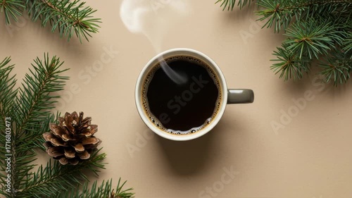 A steaming cup of coffee surrounded by pine branches and a pine cone, evoking a cozy winter vibe