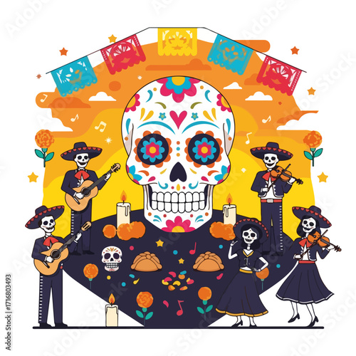 Day of the dead celebration with sugar skull surrounded by musicians playing instruments under decorative banners. Day of the dead celebration includes guitarists and violinists,