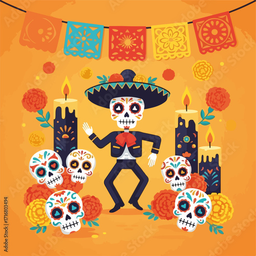 Vibrant day of the dead celebration with skeleton figure, candles, and skulls, commemorating departed souls. Depiction of day of the dead,