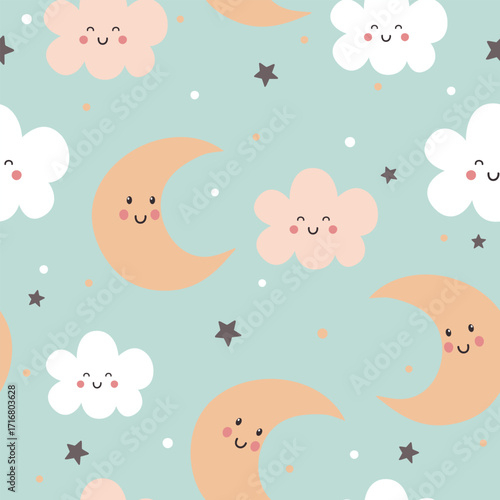 Seamless pattern with cute moon, clouds and stars. Vector illustration on blue background.  It can be used for wallpapers, wrapping, cards, patterns for clothes and other. 