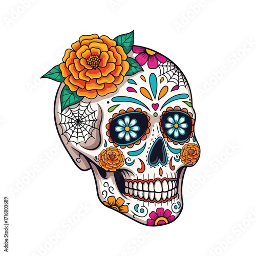 Day of Dead sugar skull with orange flower and colorful patterns. Festive sugar skull design includes bright marigolds and intricate details.