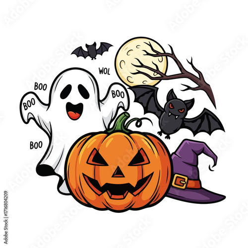 Spooky Halloween pumpkin with friendly ghost and vampire bat. Halloween scene includes carved pumpkin, floating ghost, and bat against moonlit night.