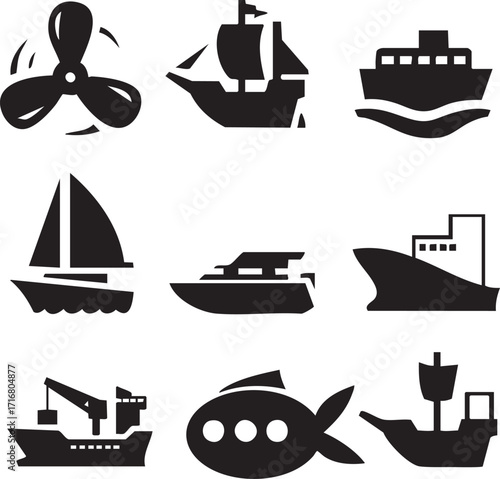 Nautical vessel collection featuring sailboat, speedboat, fishing trawler, cargo ship, submarine, and more for any ocean or maritime theme