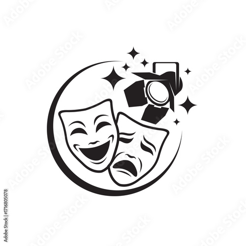 icon of comedy and tragedy theatrical masks with spotlight isolated on white background