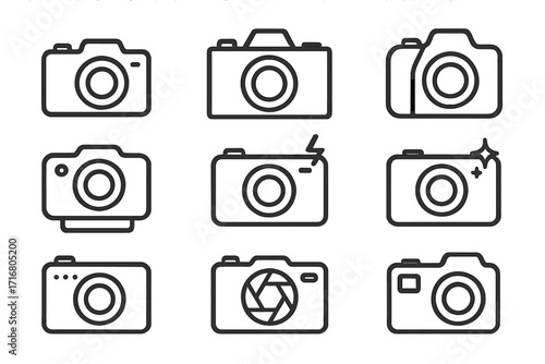 Camera icon set for photography. Vector line art illustration. Minimalist photo camera symbols. Digital, slr, flash, and aperture icons for web and mobile graphic design.