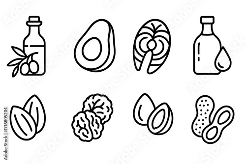 Healthy fats food sources icon set. Linear icons of salmon, avocado, nuts, olive oil for nutrition diet. Keto, paleo ingredients vector symbols. Outline food illustration.