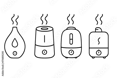 Humidifier line icon set. Air diffuser, vaporizer, purifier symbol collection. Vector household appliance for health, wellness. Aromatherapy oil diffuser with steam, mist.