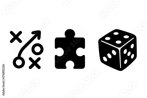 Board game icons collection with strategy, puzzle, and dice symbols. Bold silhouette vector set for tabletop gaming, tactics, problem-solving, and entertainment concepts.