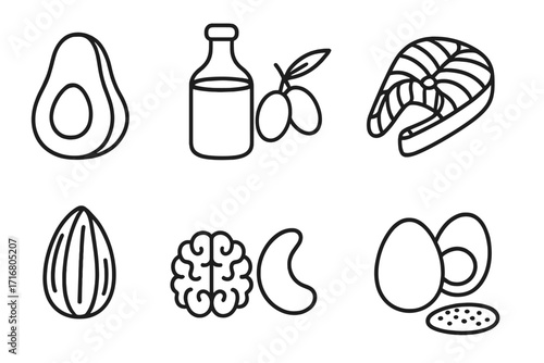 Collection of healthy fat sources in modern linear icons. Vector cartoon illustration of good fats for ketogenic diet, nutrition, and brain health. Food set with avocado, salmon, nuts.