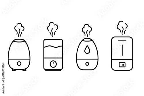 Humidifier icon set. Air diffuser and purifier line icons. Vector collection of home appliances with steam for climate control, health, and aromatherapy. Moisture vapor symbol.