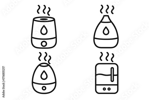 Vector line icon set of humidifiers and aroma diffusers. Outline symbol collection for air purification, vaporization. Healthy climate control appliance with steam and mist.